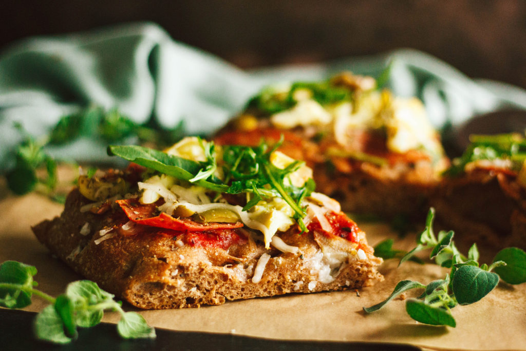 vegan salami artichoke focaccia pizza