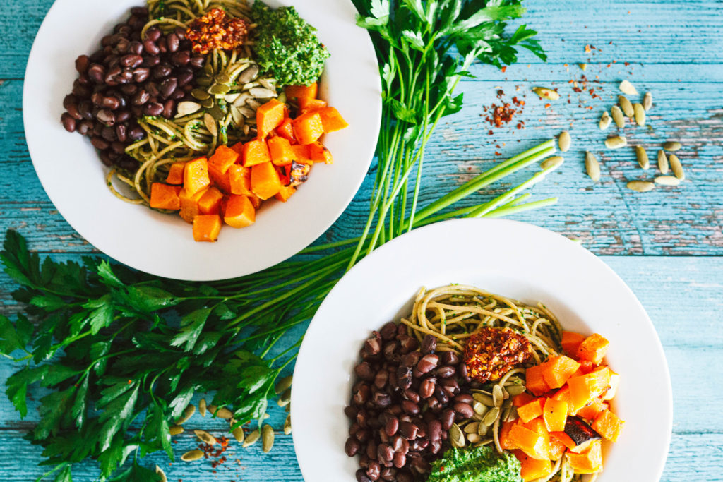 black bean butternut pesto pasta