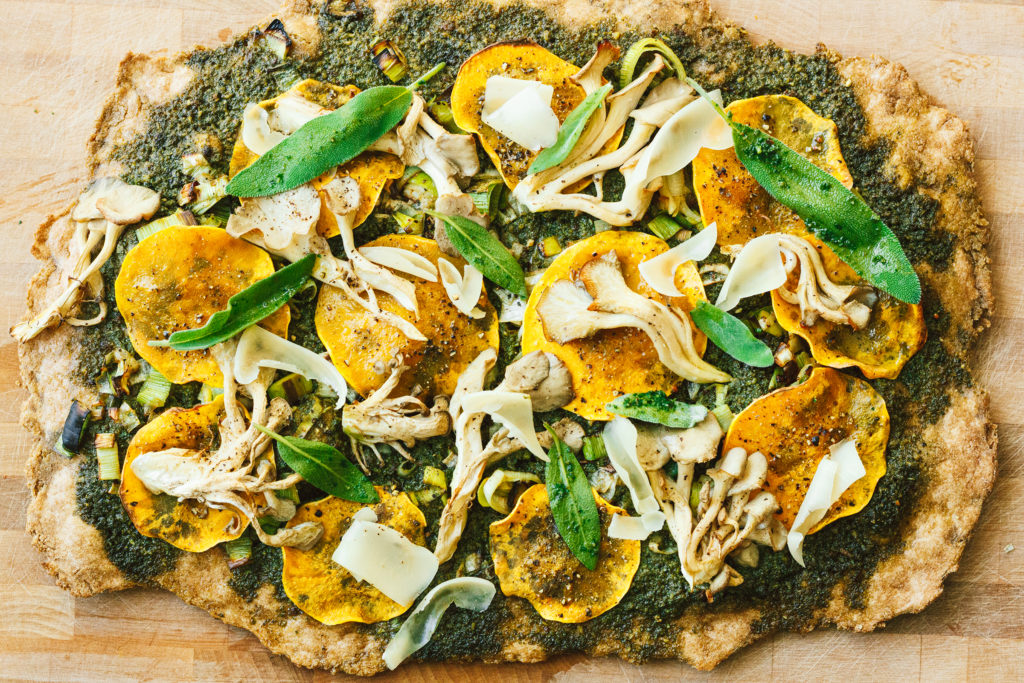 Autumn Butternut Sage Kale Pesto Pizza on Whole Wheat Crust