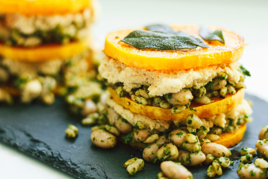 Butternut Stacks with Almond Ricotta and Sage Kale Pesto